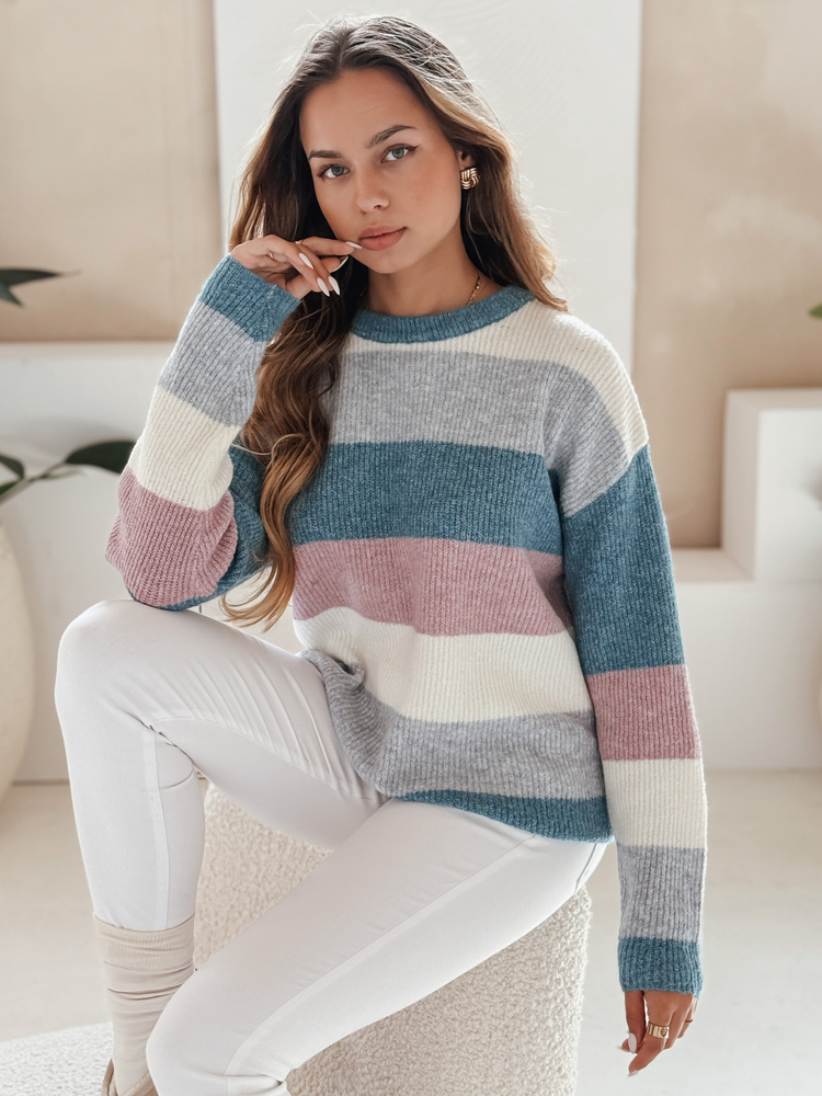 Damski sweter w paski CALVENA niebiesko-szary Dstreet