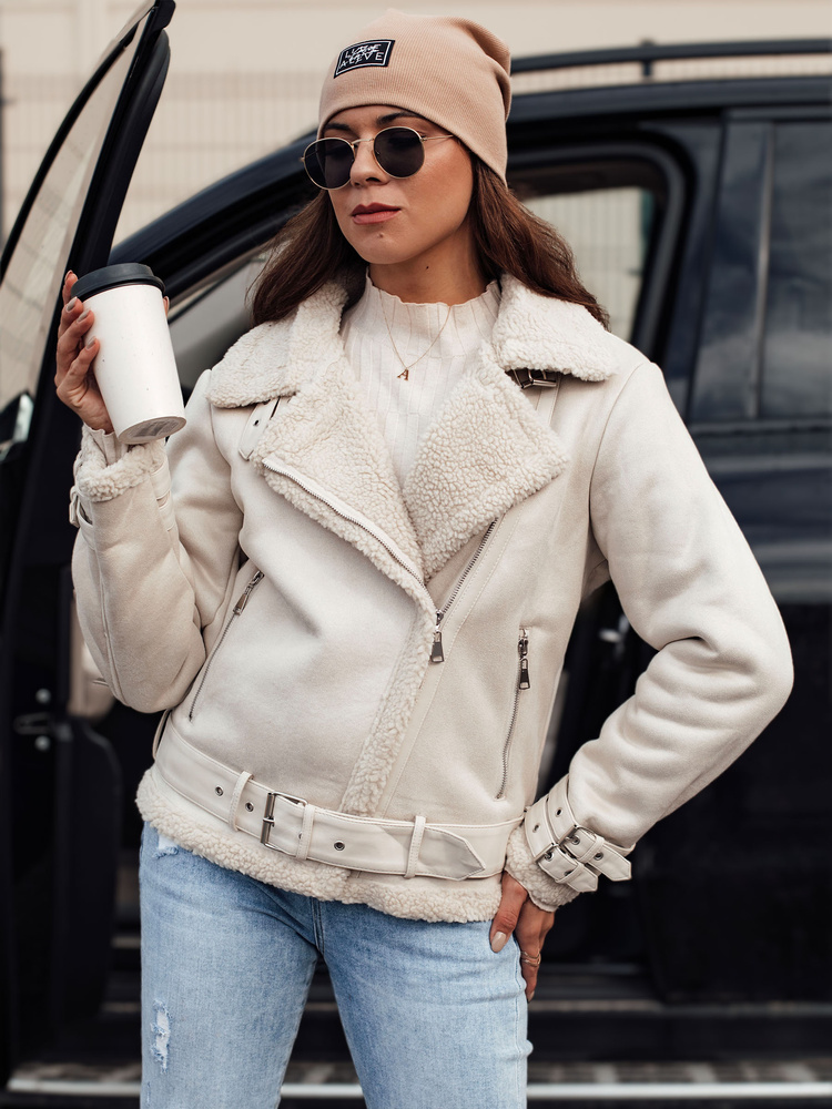 Jachetă de damă din piele întoarsă cu blană, albă