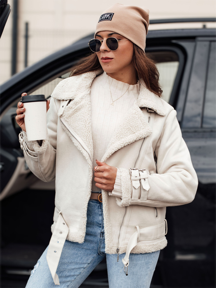 Jachetă de damă din piele întoarsă cu blană, albă