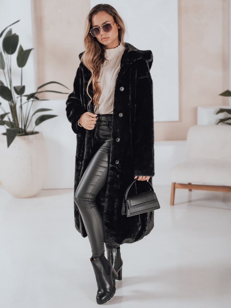 Dámsky čierny futerkový kabát HELLOCHIC