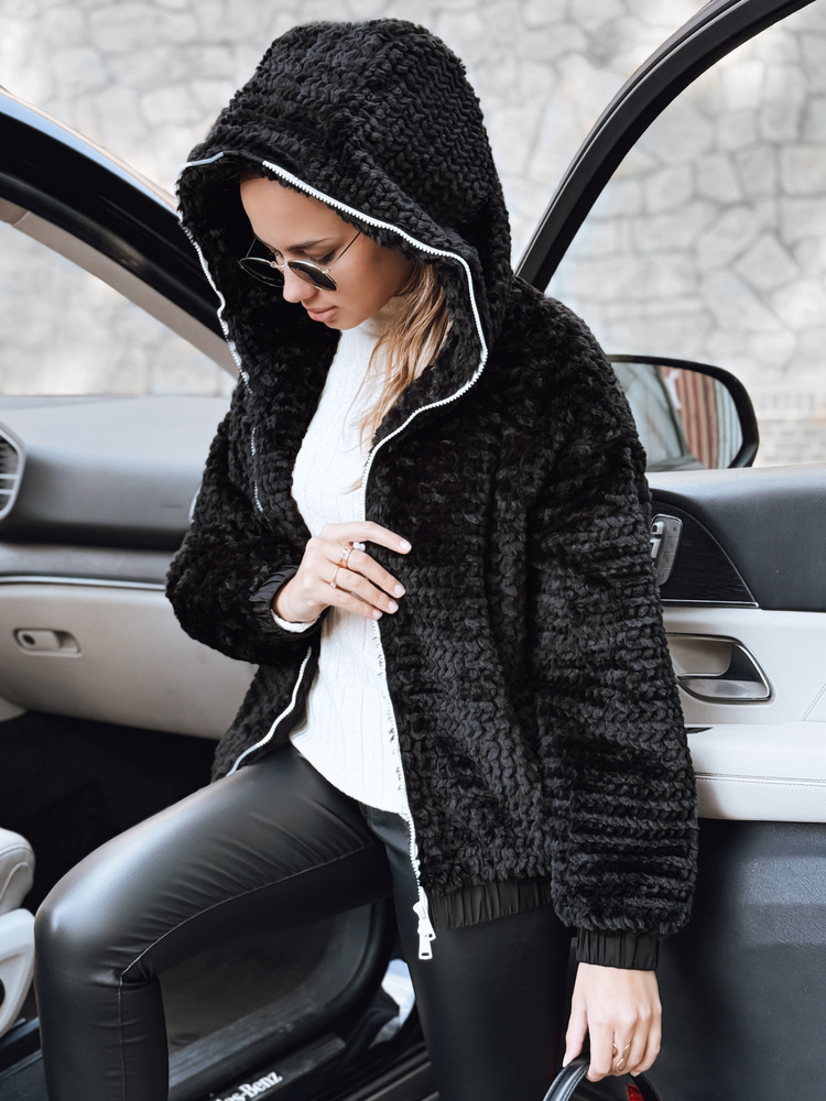 Jachetă neagră matlasată pentru femei cu glugă