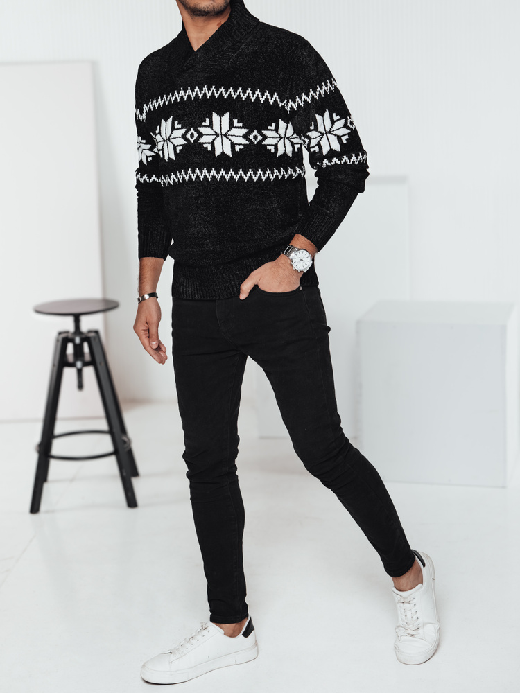 Sweter męski w śnieżynki czarny Dstreet
