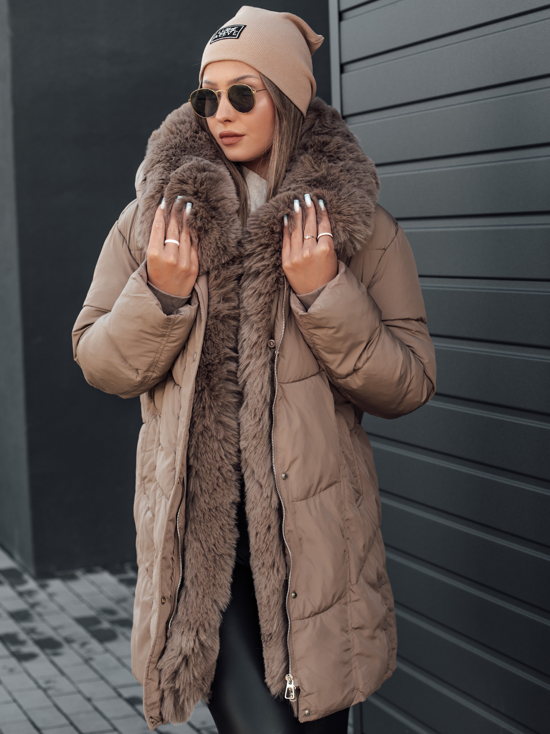 Women's winter jacket MORISIO long quilted with hood dark beige Dstreet