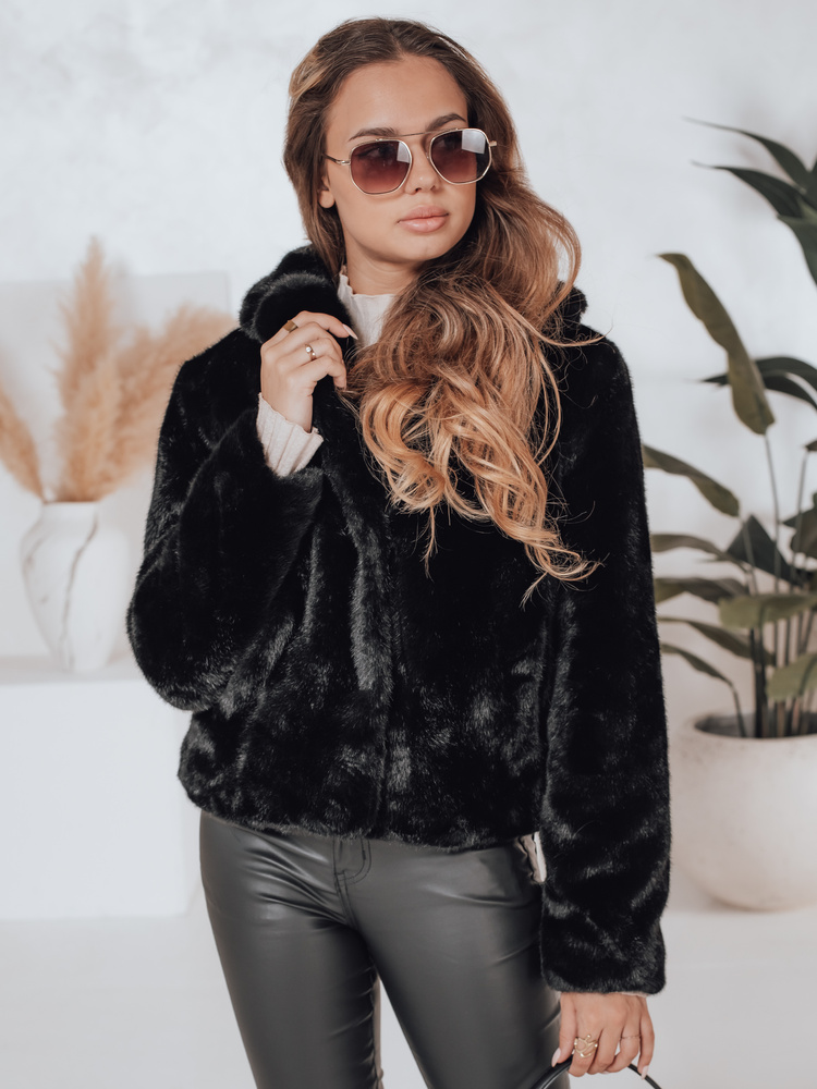 Haină scurtă de blană neagră pentru femei GLAMFLUFFY