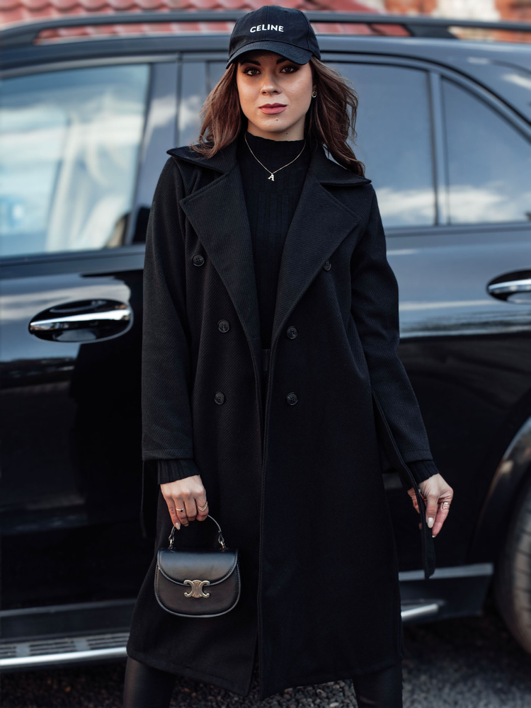 Płaszcz damski oversize CASHMELY długi drobno prążkowany czarny Dstreet