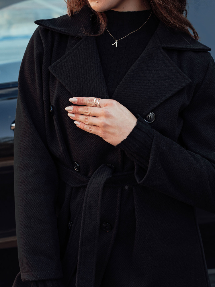 Płaszcz damski oversize CASHMELY długi drobno prążkowany czarny Dstreet