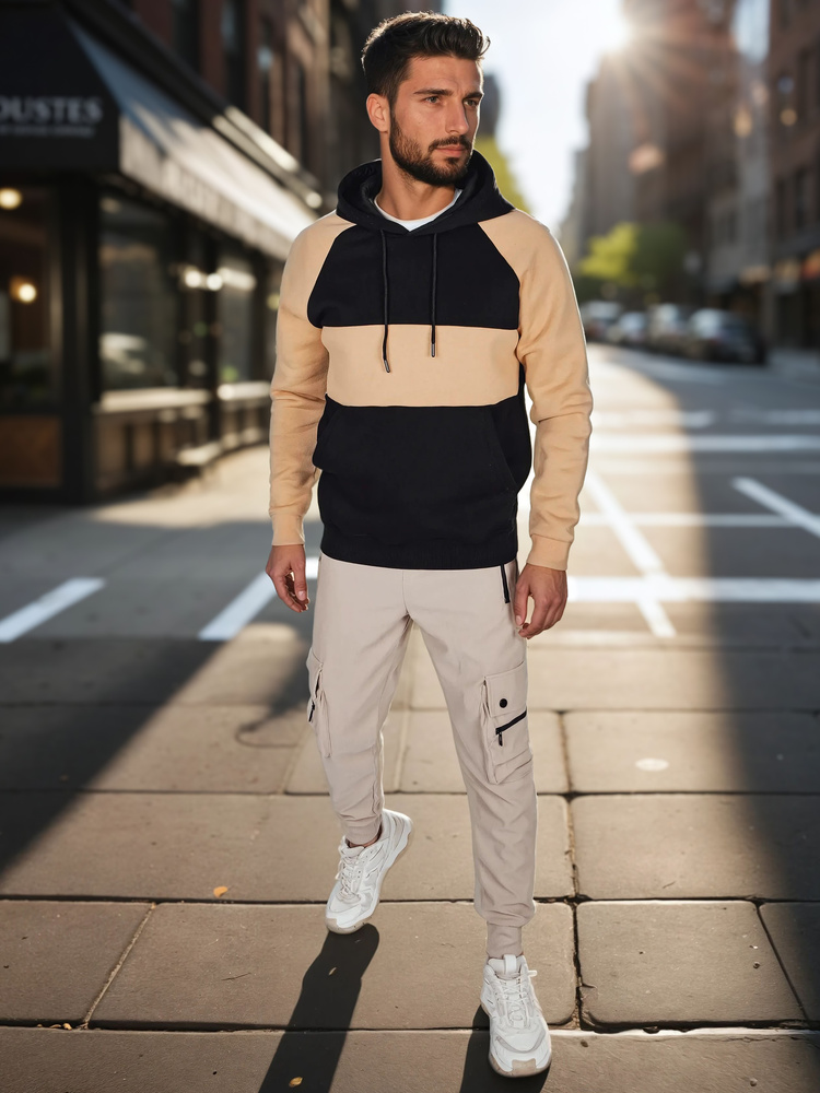 Bluza męska z kapturem w kamelowo-czarne paski Dstreet