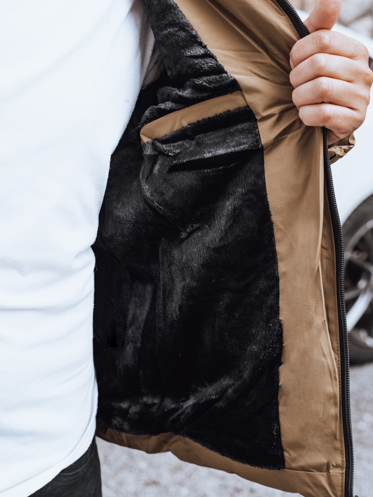 Kurtka męska zimowa pikowana z kapturem kamelowa Dstreet