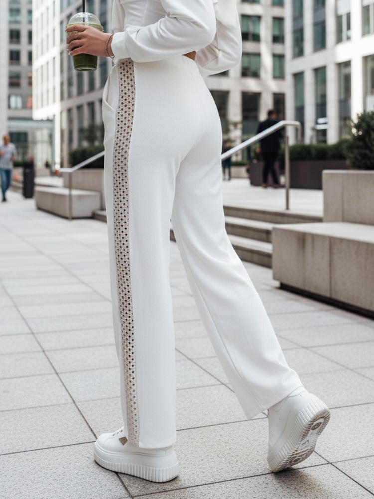 Dámske pruhované nohavice wide leg ecru
