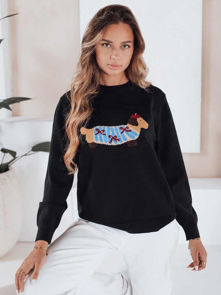 Damski sweter z aplikacją psa CHICPAWS czarny Dstreet