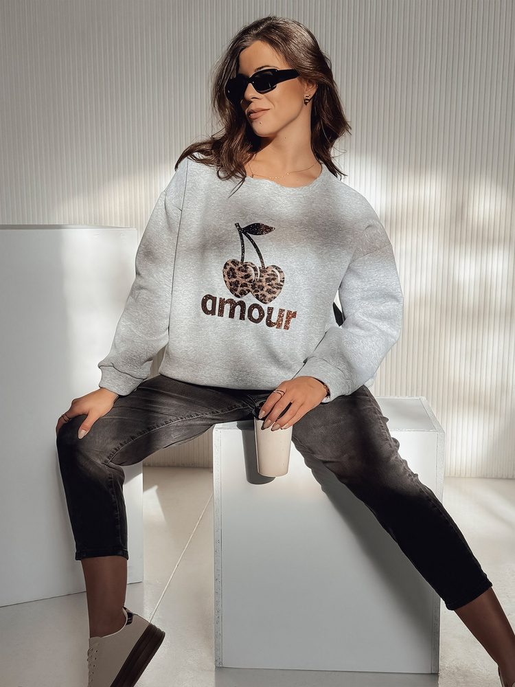 Bluza damska oversize CHERRILUXE z wisienkami szara Dstreet