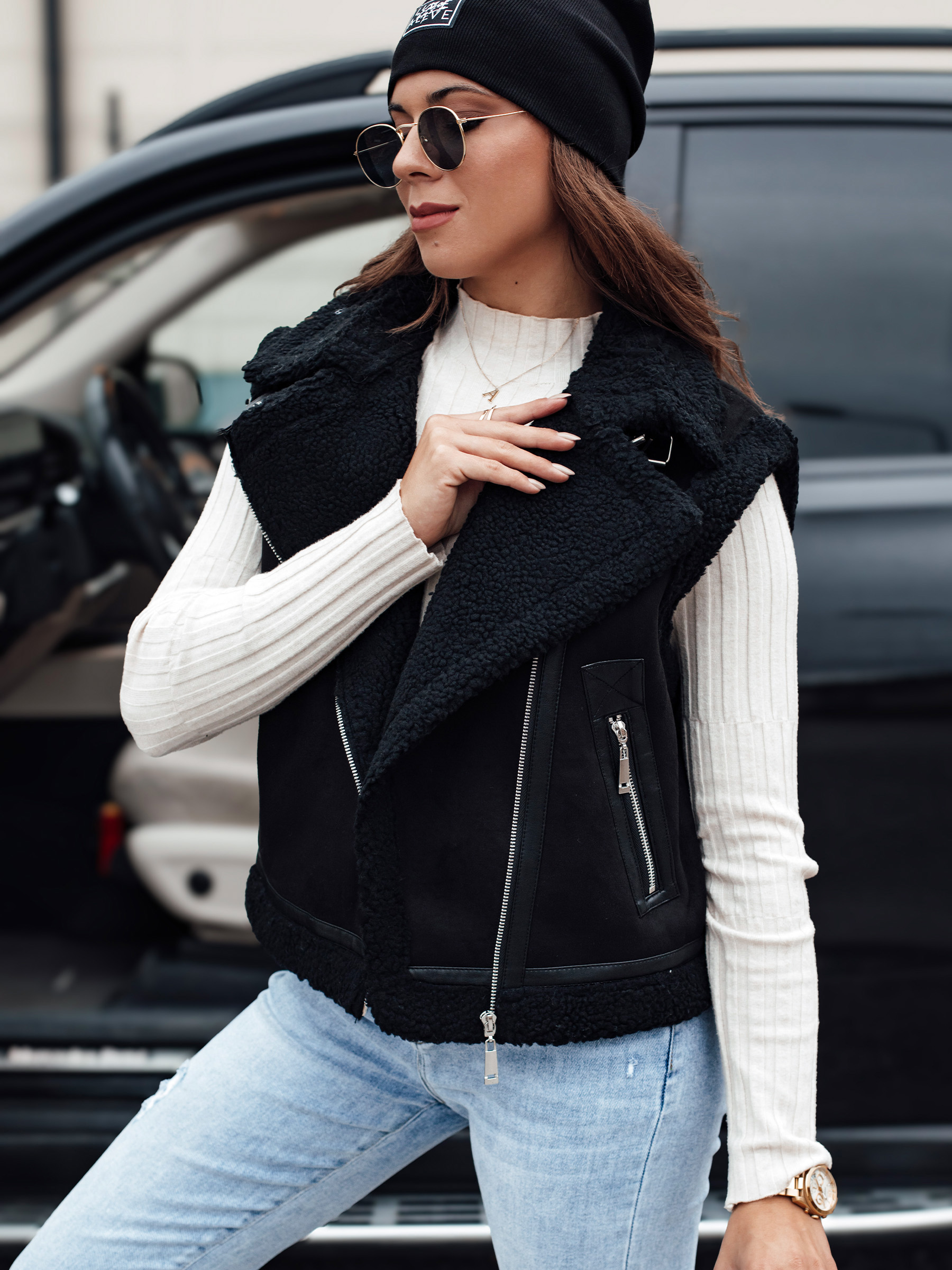 Women's Suede Vest With Fur WOOLZIP Black Dstreet