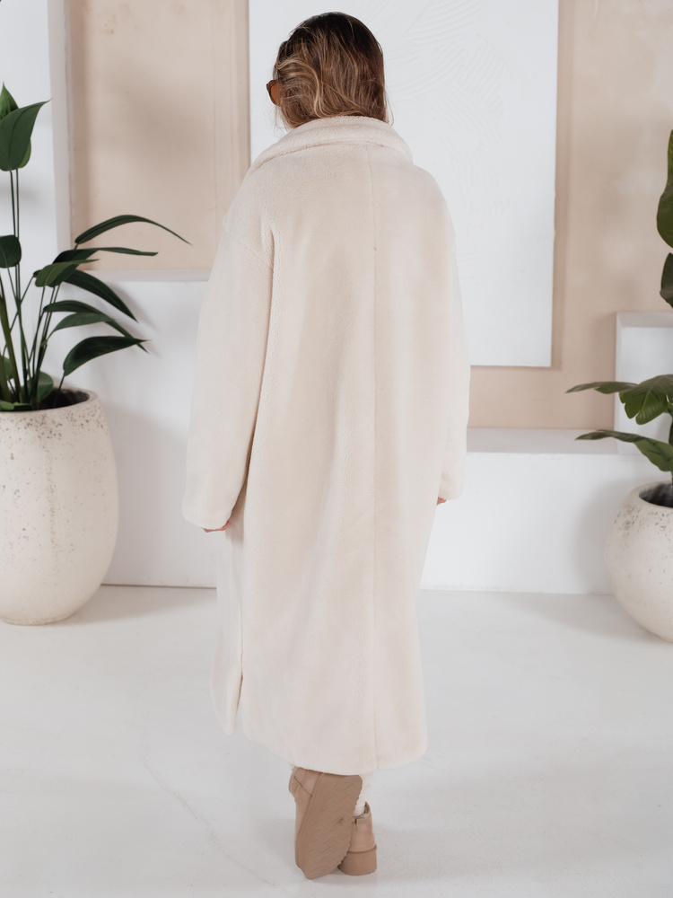 Płaszcz zimowy damski teddy futrzany długi kremowy Dstreet