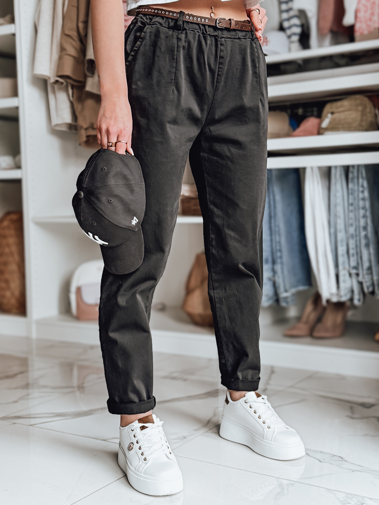 Pantaloni chino negri pentru femei cu curea