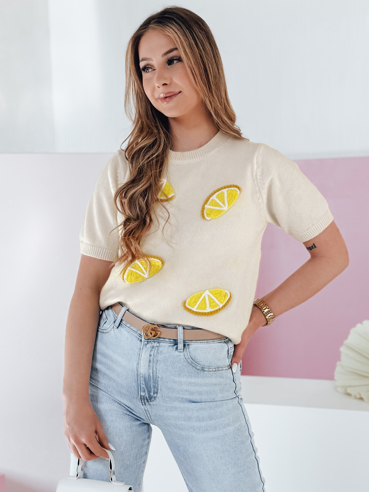 Sweter damskie oversize z cytrynami CYTRYNKA beżowy Dstreet