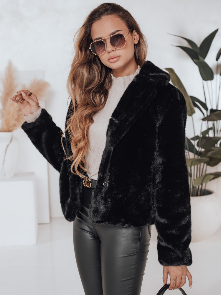 Haină scurtă de blană neagră pentru femei GLAMFLUFFY