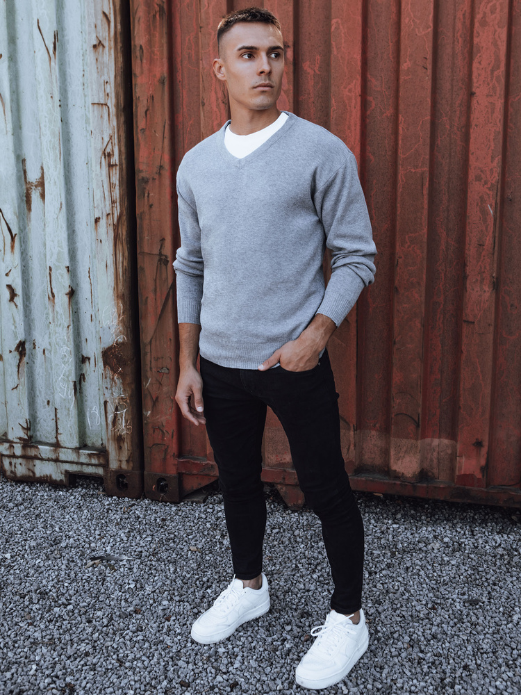 Sweter męski w serek jasnoszary Dstreet