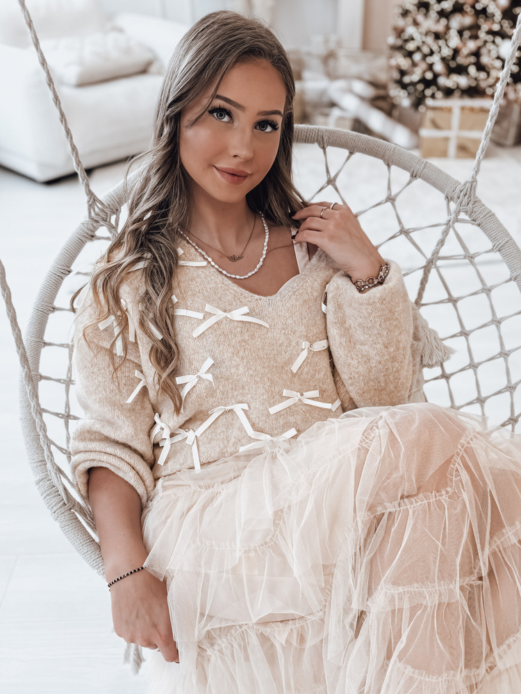 Sweter damski RIBBLOOM w kokardki ciemnobeżowy Dstreet