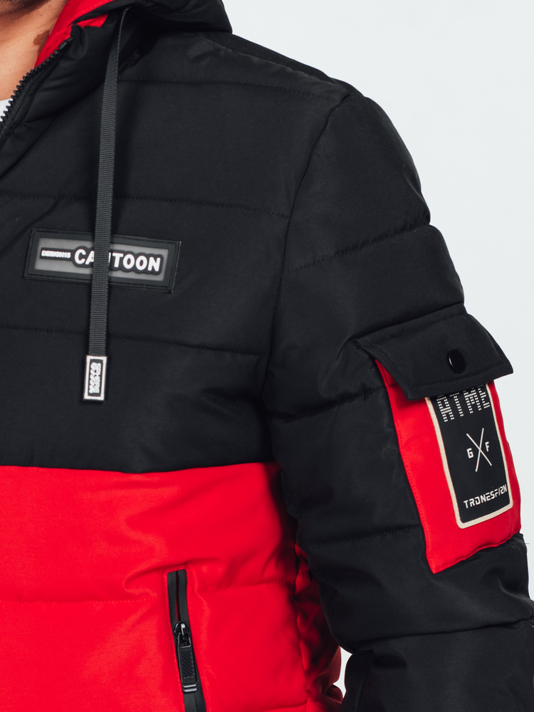 Kurtka męska zimowa z kapturem czarno-czerwona Dstreet