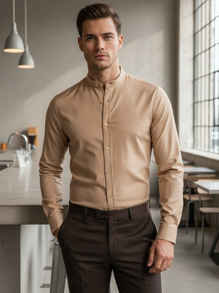 Koszula męska casualowa beżowa z stójką Dstreet