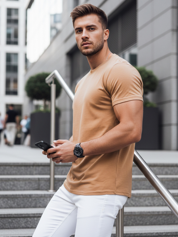 Мъжка тениска DStreet без щампа, цвят кафе