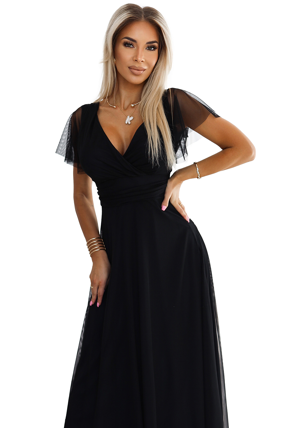 562-3 NASTIA Long dress with neckline and short sleeves - BLACK