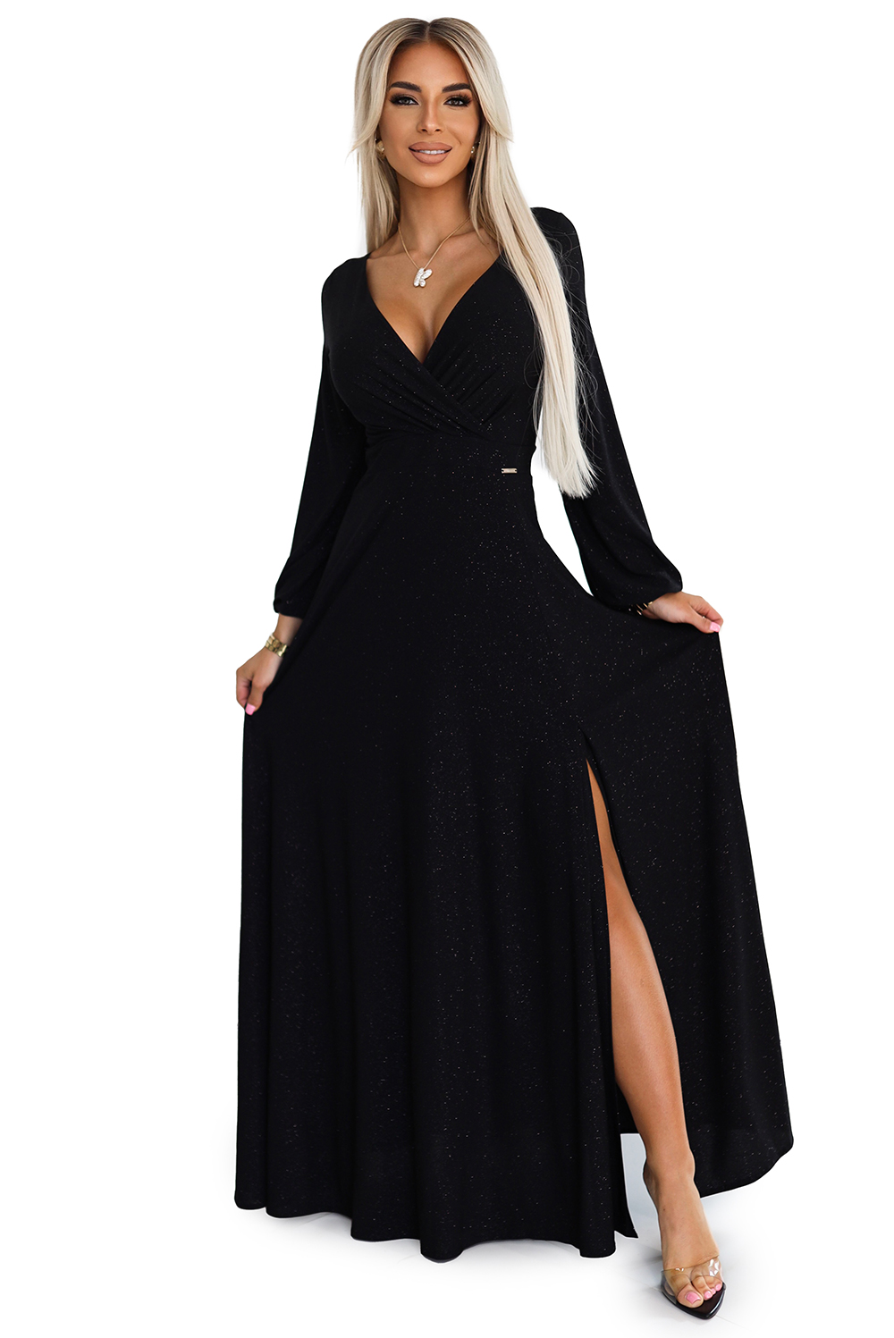 572-2 NELA Shiny Long Dress with Neckline and Long Sleeves - BLACK
