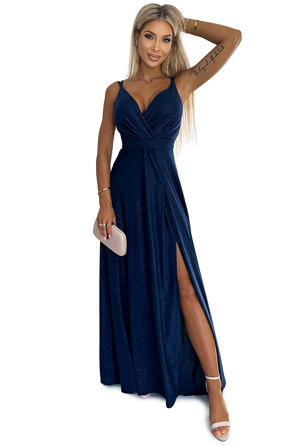 498-1 Long dress with neckline and double straps - NAVY BLUE WITH BROCADE