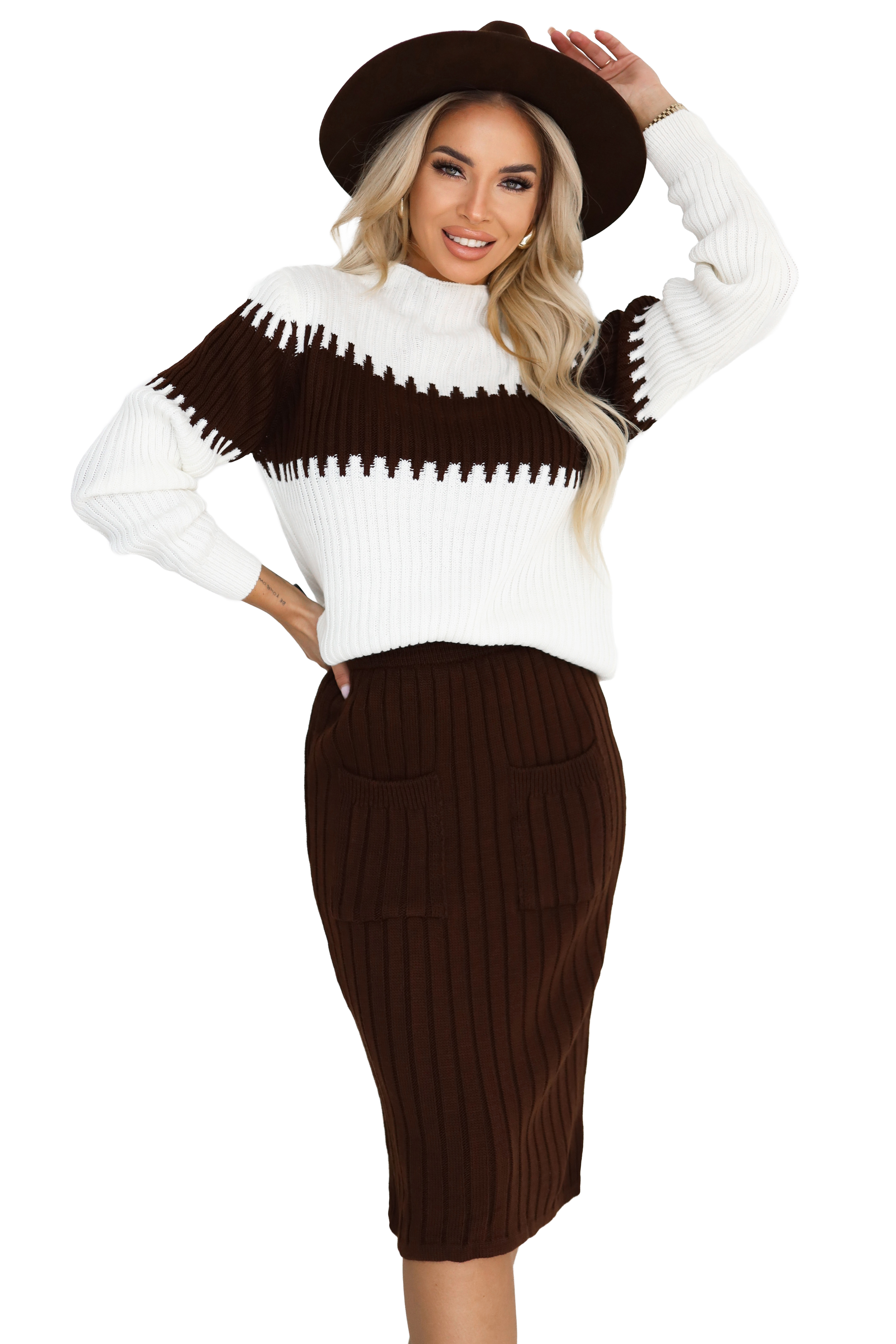 571-2 Two-piece sweater set with matching skirt - chocolate