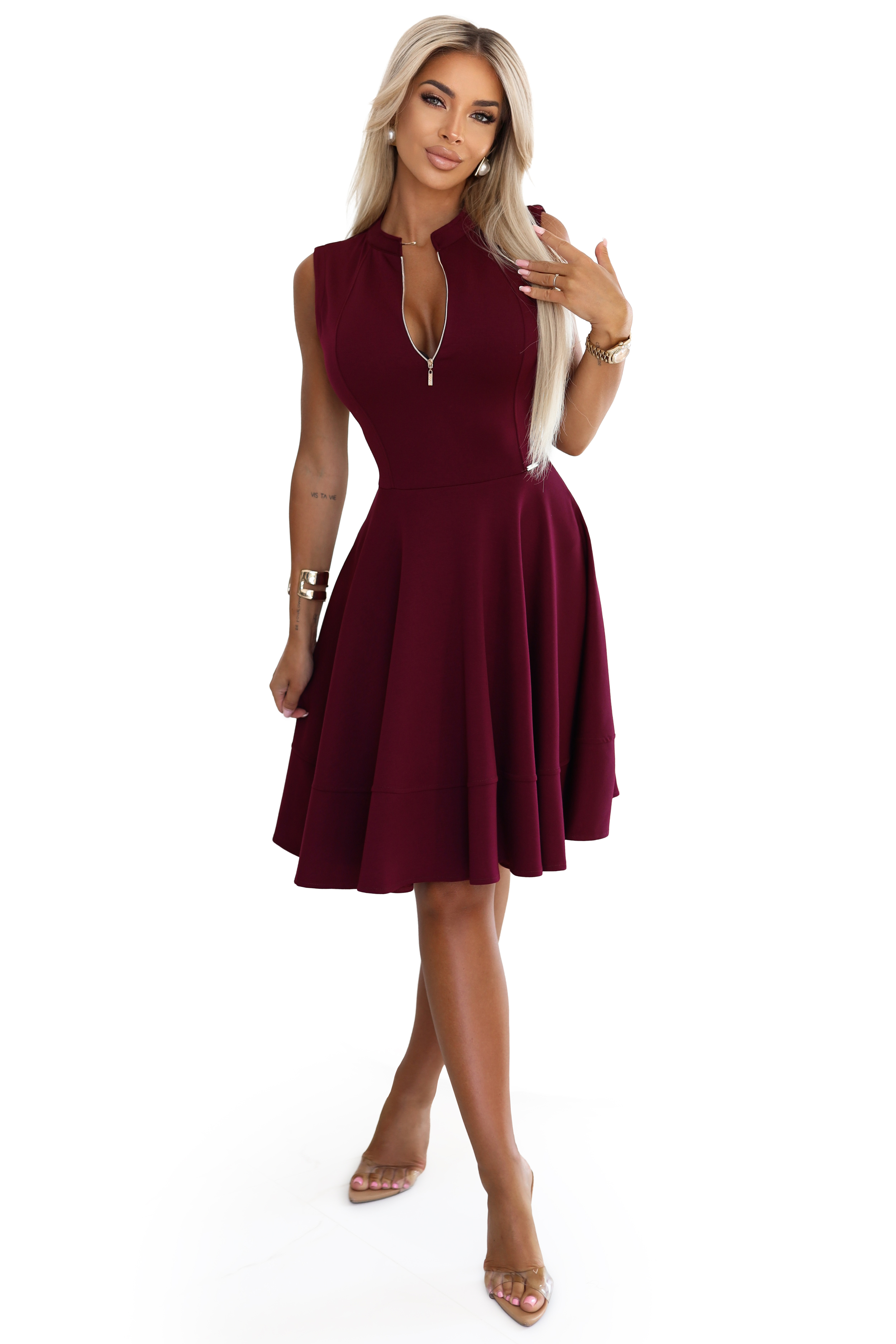 573-4 Exclusive dress with a flared bottom and a zipper - burgundy
