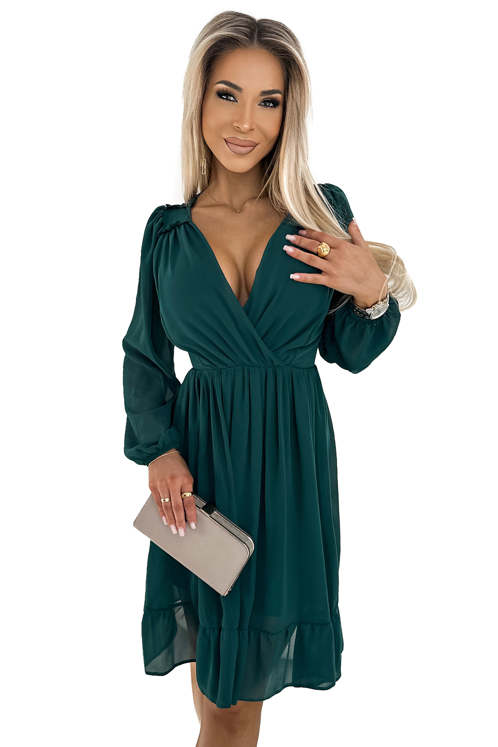 538-2 MILA Chiffon midi dress with long sleeves and neckline - green