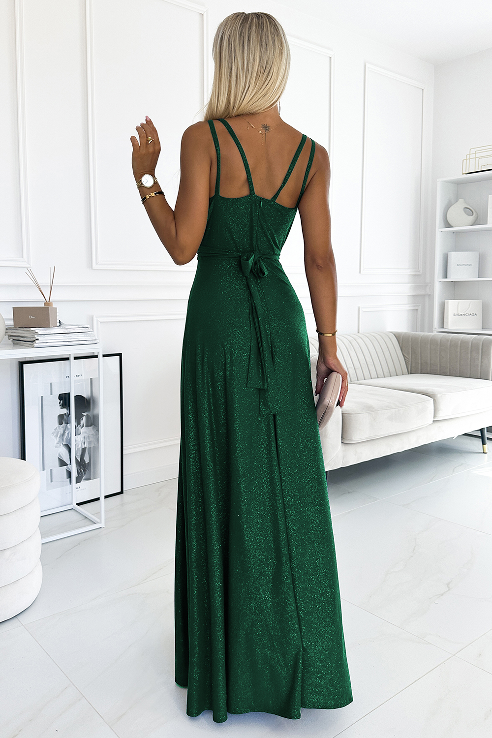 498-2 Long dress with neckline and double straps - GREEN WITH BROCADE