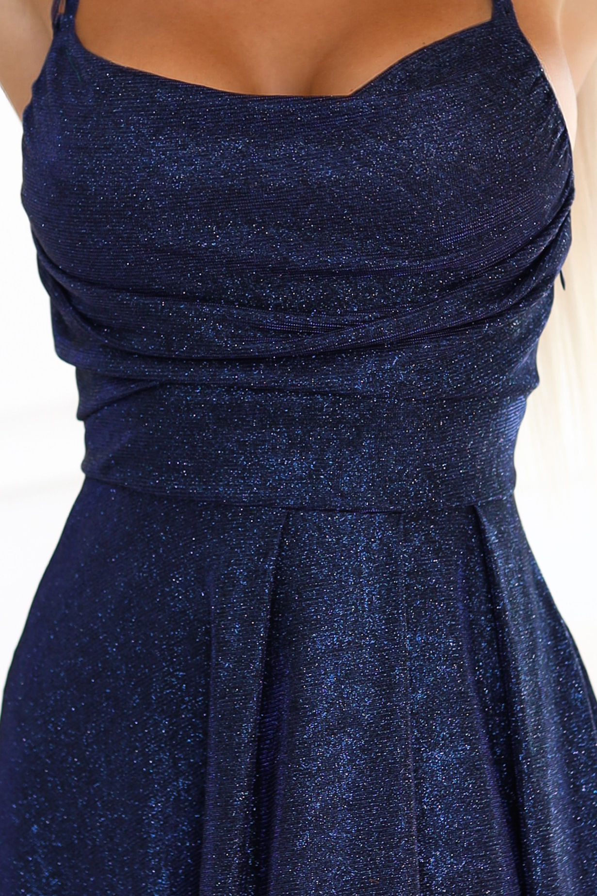 589-2 Long dress with subtle shimmer and corset back tie - navy blue with glitter