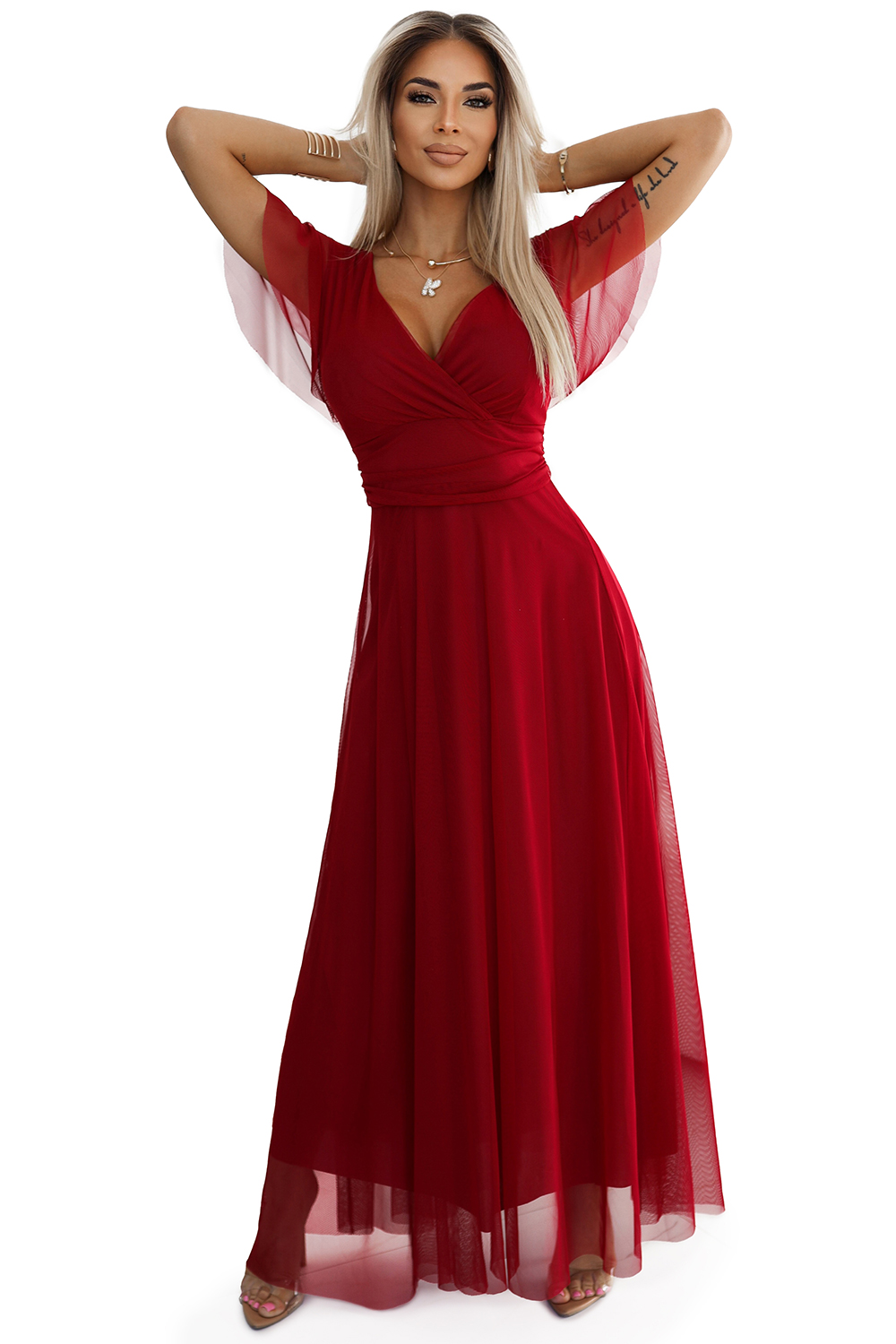 562-2 NASTIA Long dress with neckline and short sleeves - BORDO