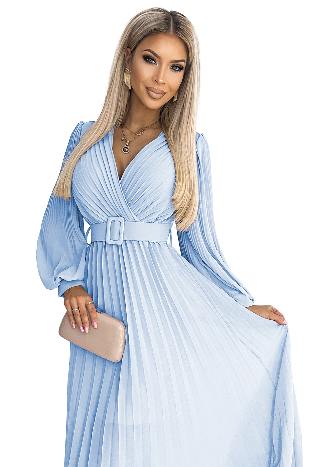 414-10 KLARA pleated dress with a belt and a neckline - light blue color