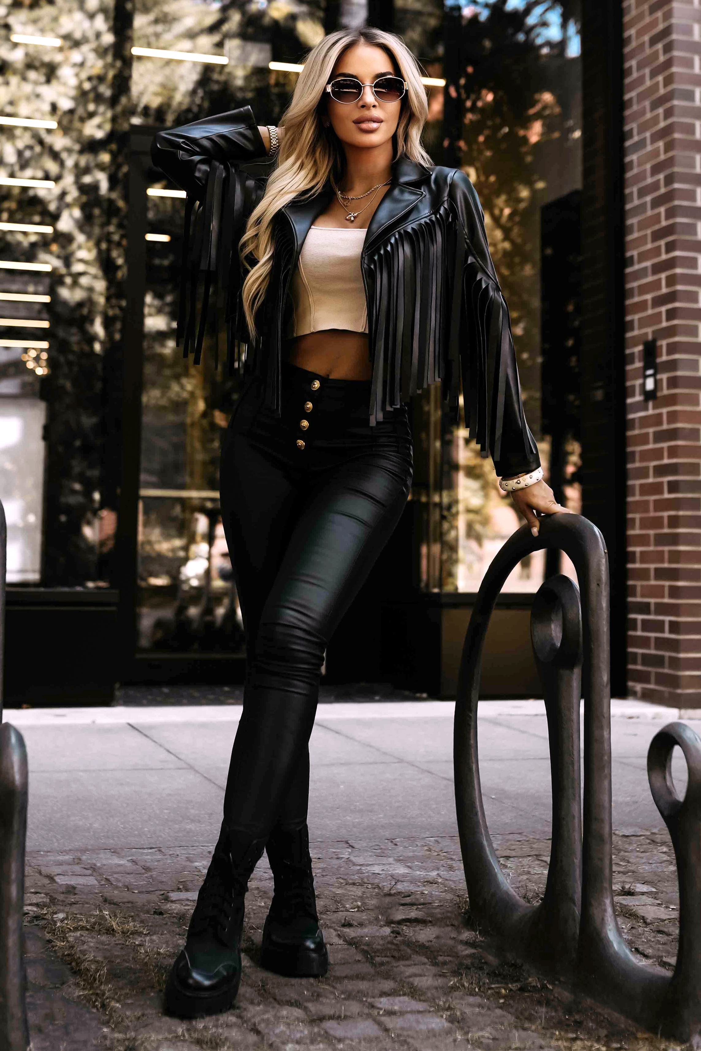 624-3 Short biker jacket with fringes made of soft eco leather - black