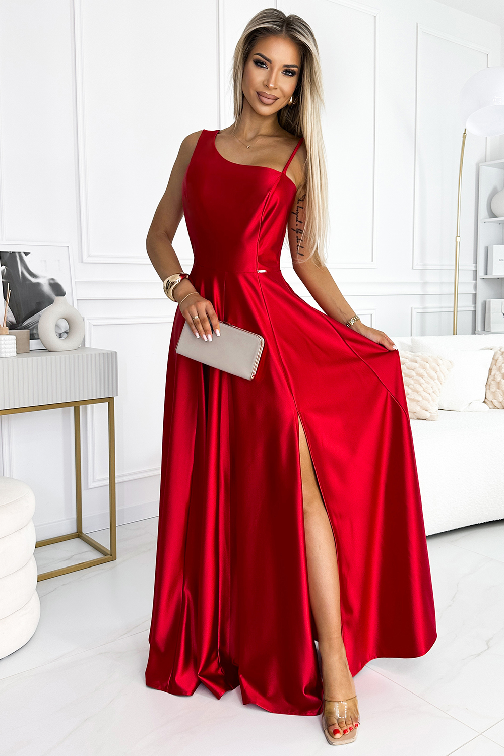 Long elegant satin dress for one shoulder Numoco