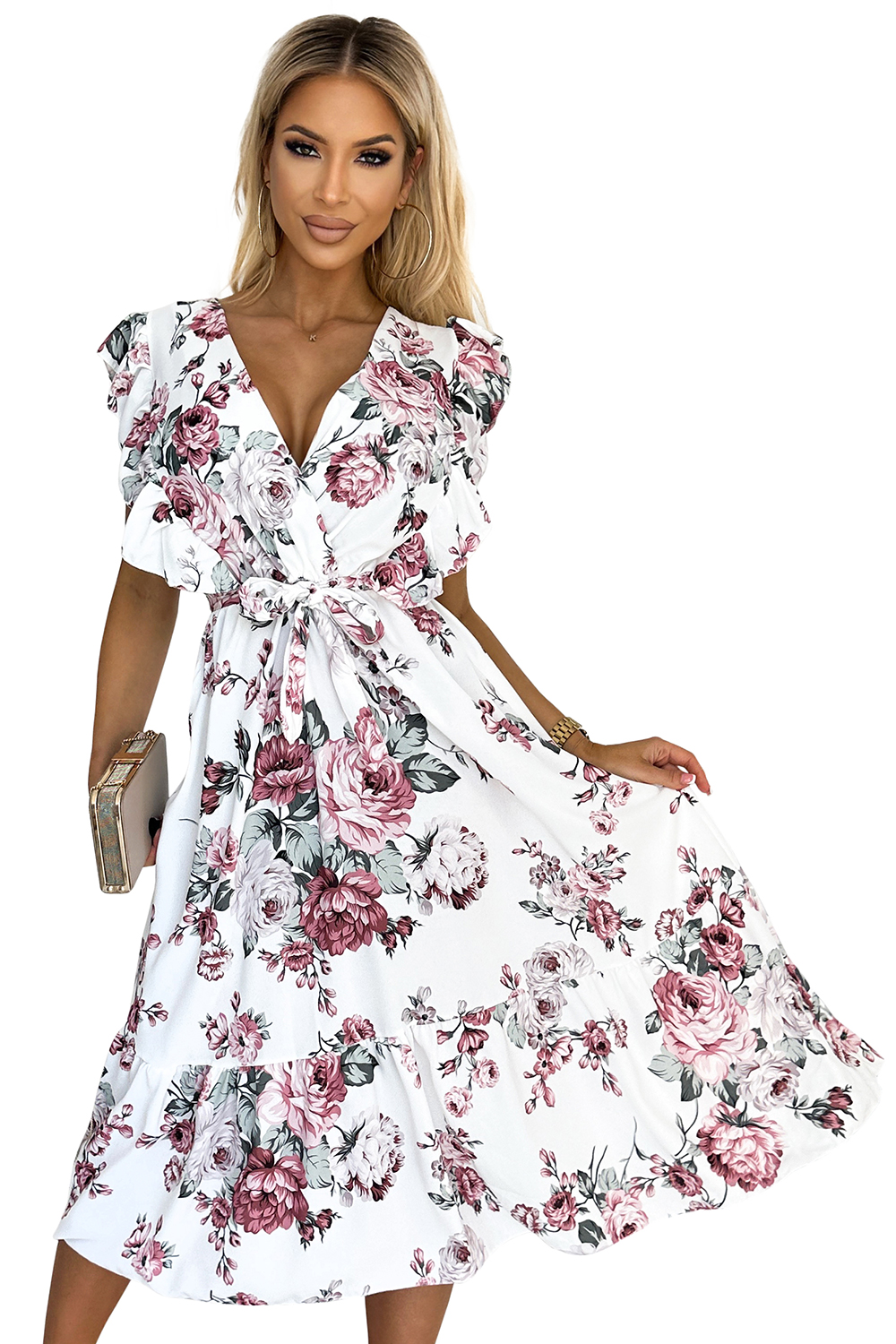 Midi dress with ruffle, neckline and tie Numoco