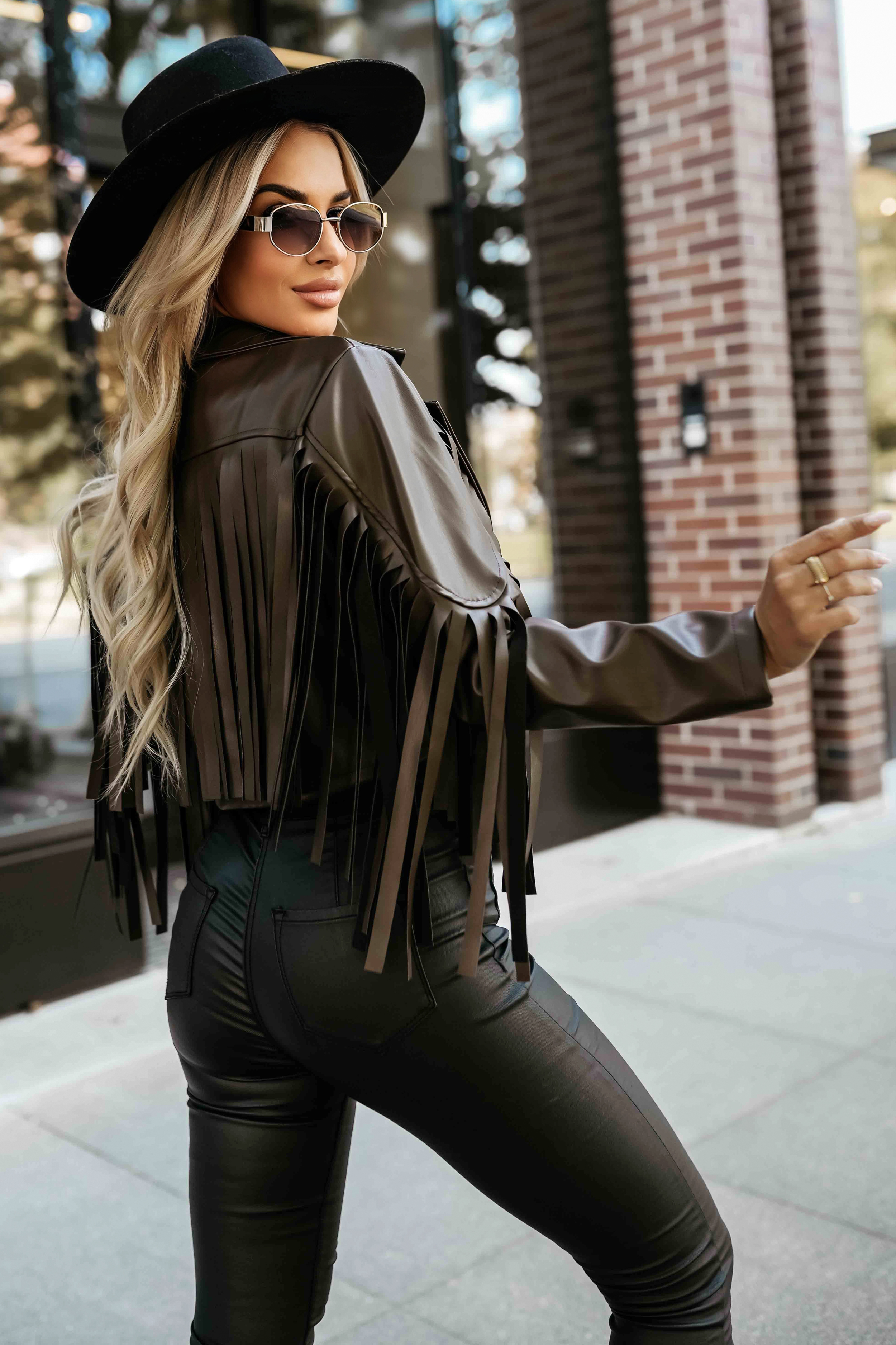 624-4 Short jacket with fringes made of soft eco-leather - chocolate