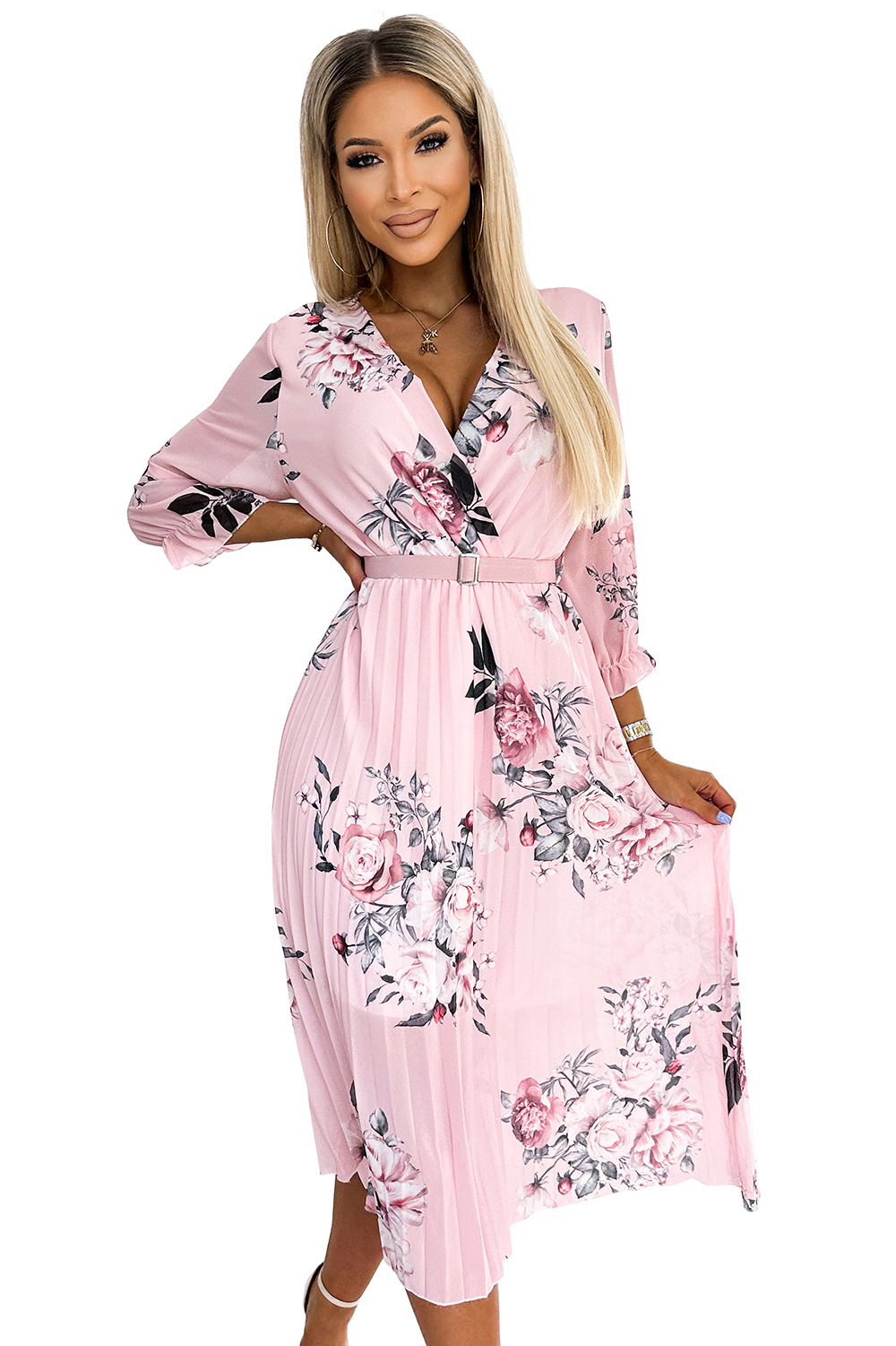 Pleated midi dress with a neckline and belt Numoco