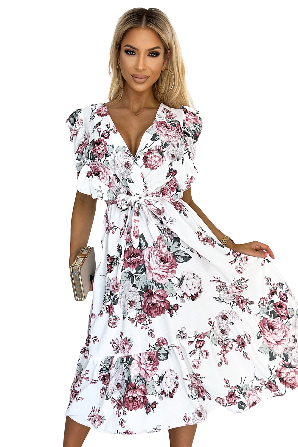 Midi dress with ruffle, neckline and tie Numoco