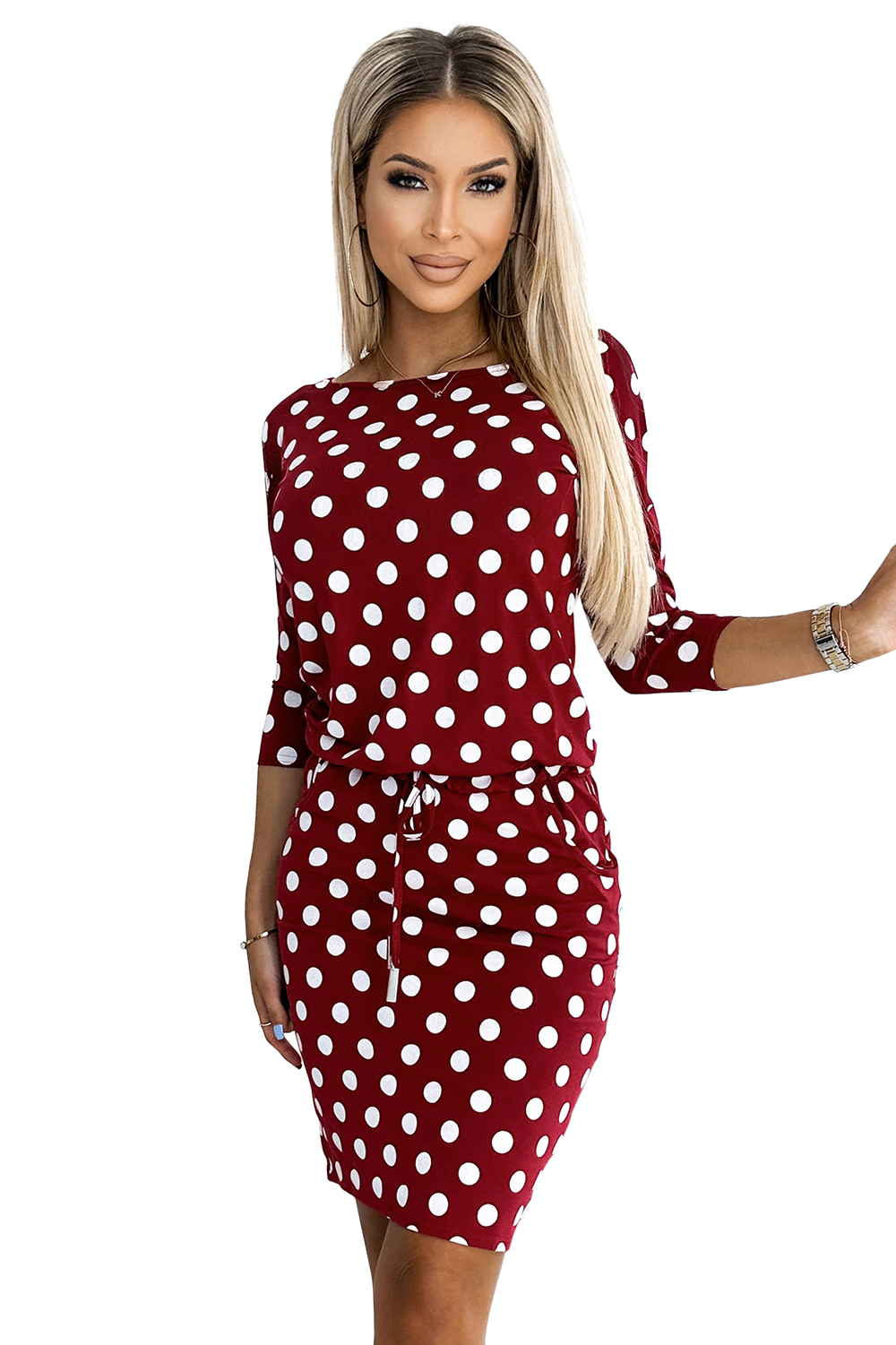 13-156 Sports dress with binding and pockets - burgundy + polka dots