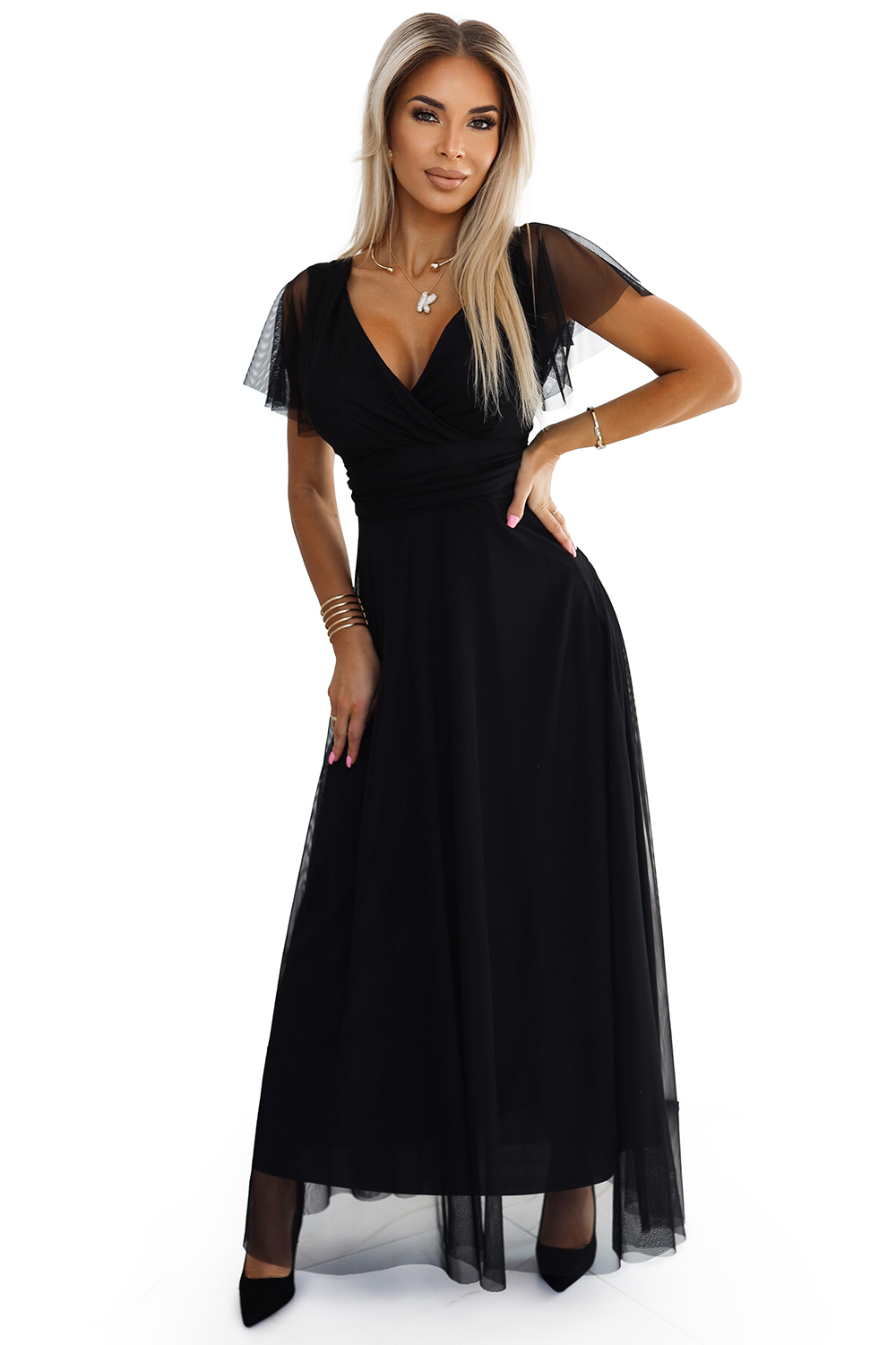 562-3 NASTIA Long dress with neckline and short sleeves - BLACK