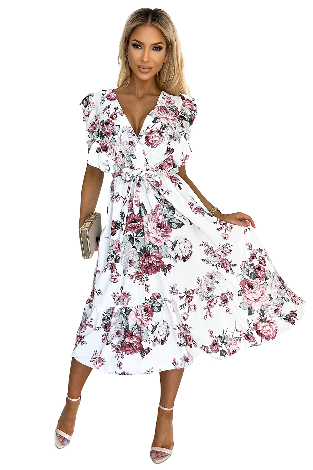 Midi dress with ruffle, neckline and tie Numoco
