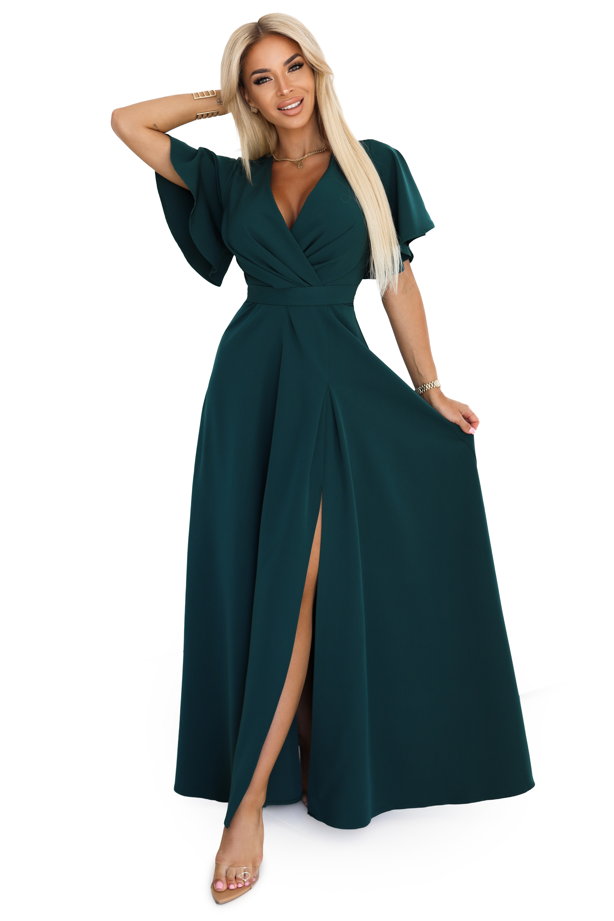 581-8 JENNIFER long dress with a leg slit, sleeves and a neckline - bottle green