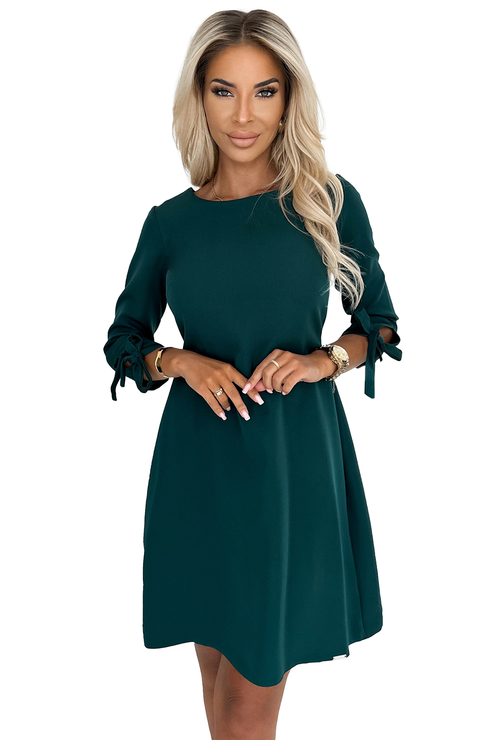 195-11 ALICE Trapezoidal dress with bows - BOTTLE GREEN