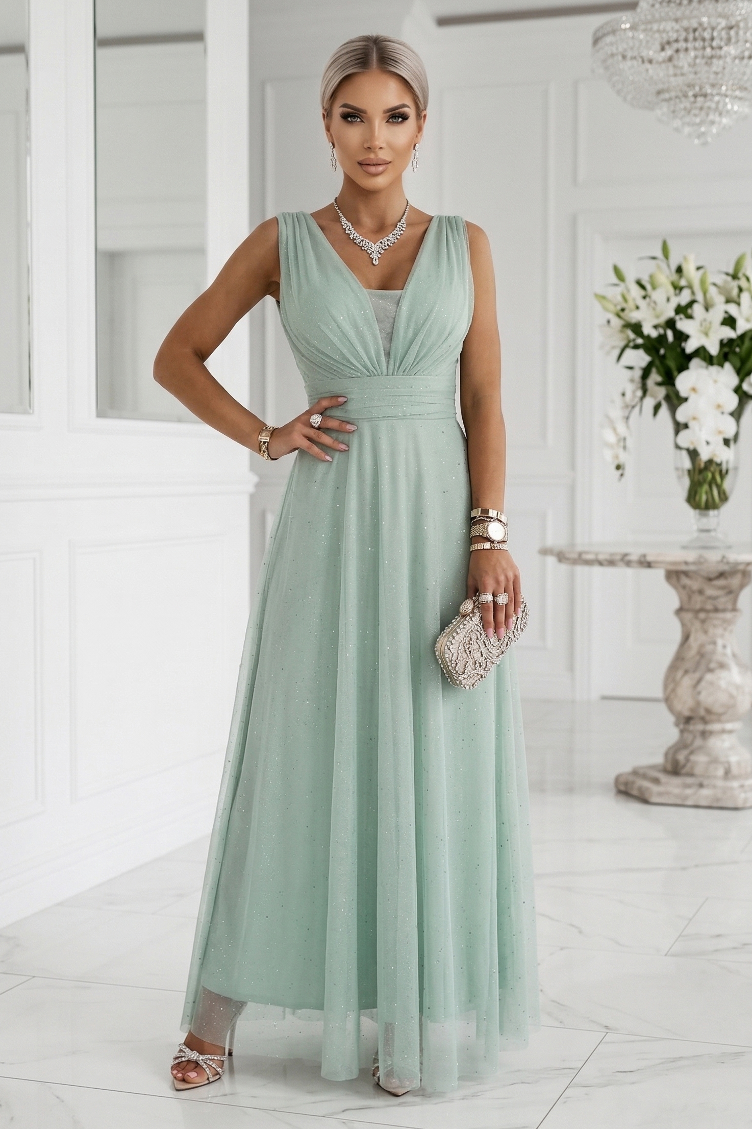 Макси рокля с брокатен акцент - Шамфъстък