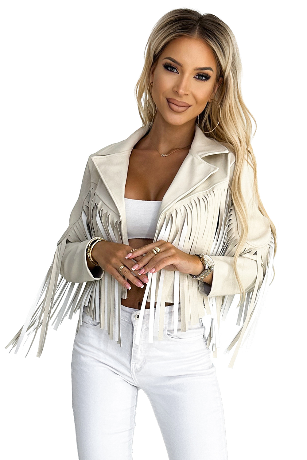 624-1 Short jacket with fringes made of soft eco leather - beige