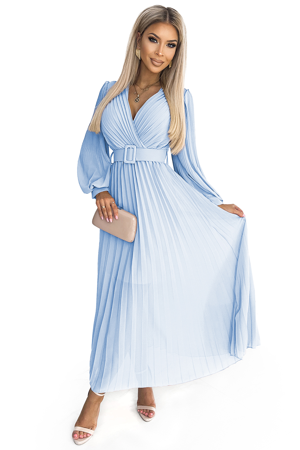 414-10 KLARA pleated dress with a belt and a neckline - light blue color