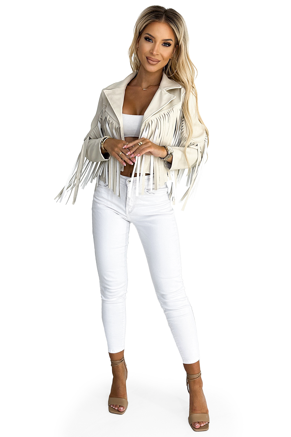624-1 Short jacket with fringes made of soft eco leather - beige